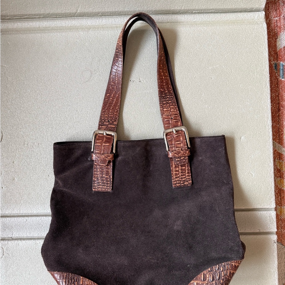 Pulicati Italia Suede Bucket Bag Brown with Aligator Pattern Straps and Corners